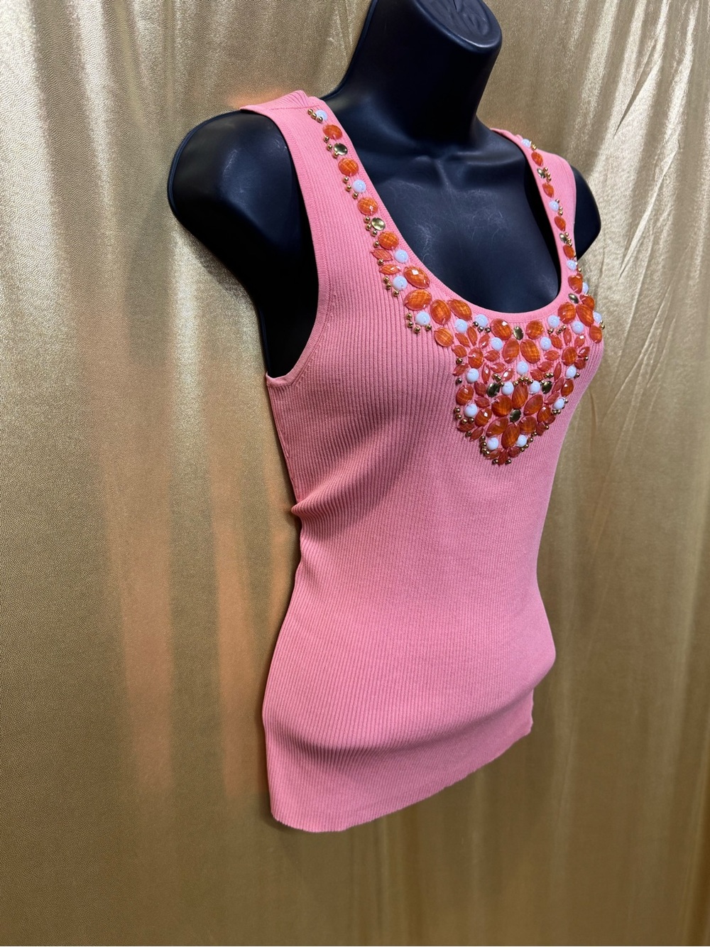 Ruby Rd. Peach Pink Embellished Tank Top Small Ribbed Knit - Picture 7 of 13
